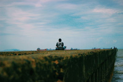 Rear view of man sitting on land against sky