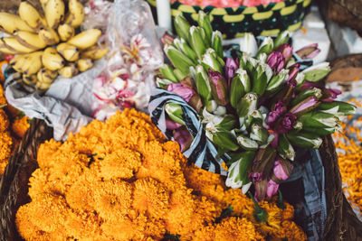 High angle view of various flower for sale in market