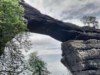 Low angle view of rock formation against sky