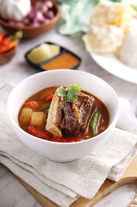 High angle view of soup in bowl on table