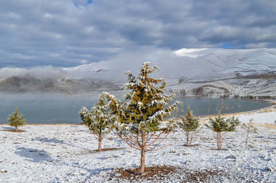 Scenic view of lake by snowcapped mountains against sky