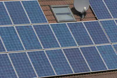 High angle view of solar panel on roof