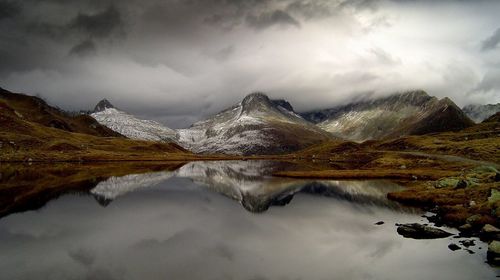 Scenic view of lake and mountains against sky