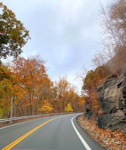 Empty road by trees against sky during autumn