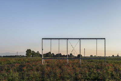 Scenic view of grassy field against clear sky during sunset