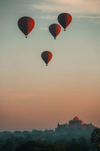 Hot air balones over stupas at bagan, myanmar.