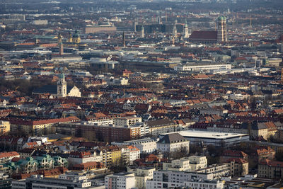 High angle view of illuminated buildings in city