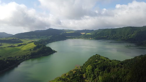 Scenic view of lake against cloudy sky