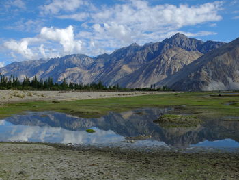 Scenic view of lake by mountains against sky