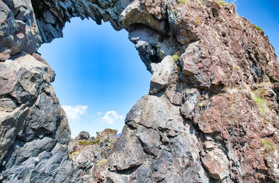 Low angle view of rock formation against sky