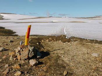 Scenic view of mountain hiking trail at landmannalaugar against clear sky