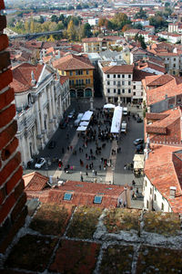 High angle view of street amidst buildings in town