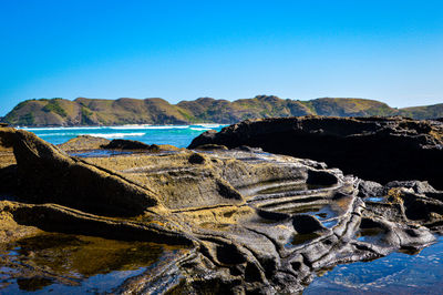 Scenic view of sea against clear blue sky