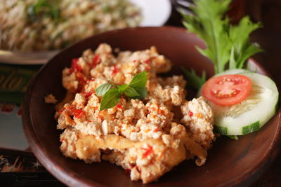 Close-up of chrused tofu in plate