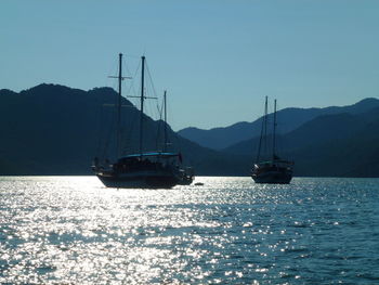 Sailboats sailing on sea against clear sky