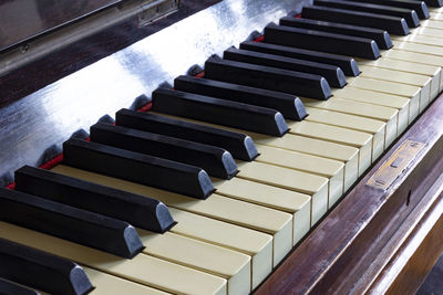 Close up of black and white keys of a vintage piano. selective focus