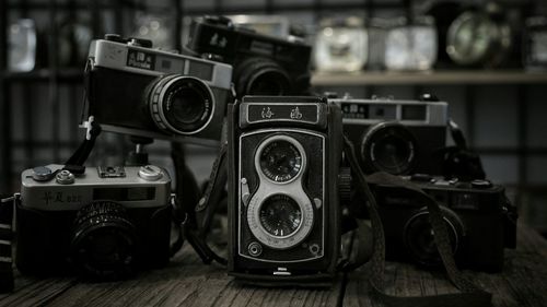 Close-up of camera on table