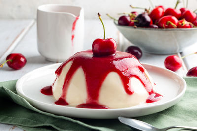 Close-up of dessert served on table