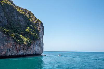 Scenic view of sea against clear blue sky