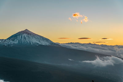 Scenic view of snowcapped mountains against sky during sunset