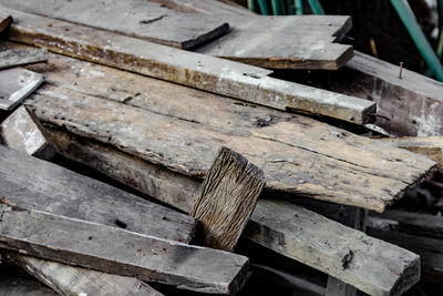 High angle view of old wooden planks