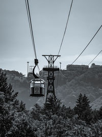 Low angle view of overhead cable car against sky