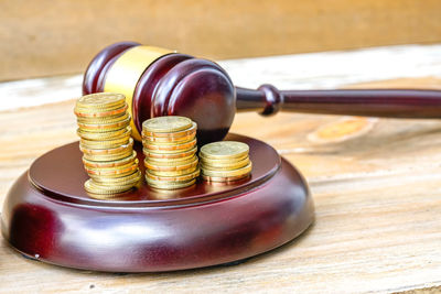 Close-up of coins on table