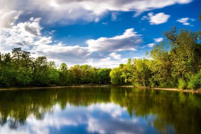 Idyllic shot of green trees reflection in lake against sky