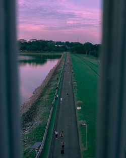 High angle view of highway against sky during sunset