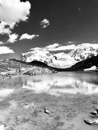 Scenic view of lake and snowcapped mountains against sky