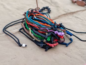 High angle view of ropes on table