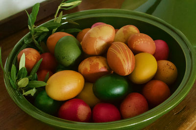 High angle view of fruits in bowl on table