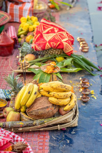 Hindu religious offerings for sun god during chhath festival from different angle