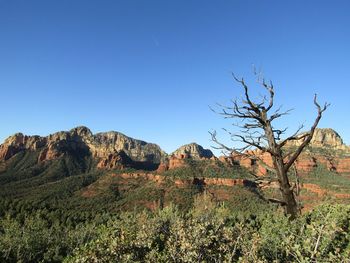 Scenic view of rocky mountains against clear blue sky