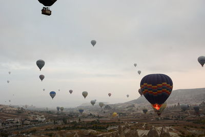 Hot air balloons flying over landscape