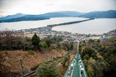 High angle view of city by sea against sky