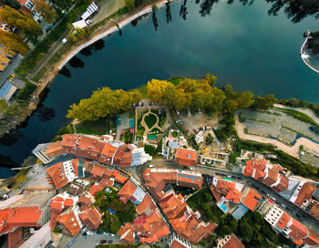 High angle view of townscape against river