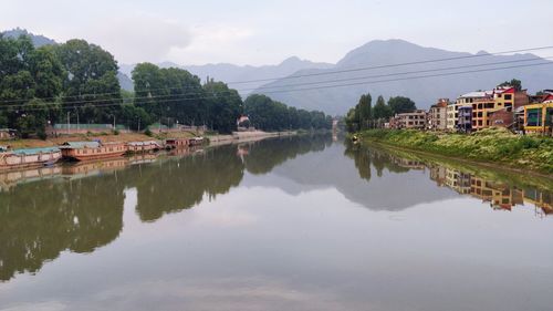 Scenic view of lake by buildings against sky