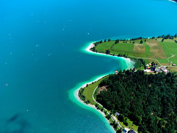 Walchensee with its beautiful caribbean water from above