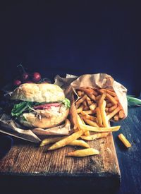 Close-up of fast food on cutting board