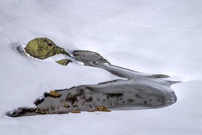 High angle view of snow covered land