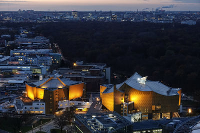 High angle view of illuminated buildings at night