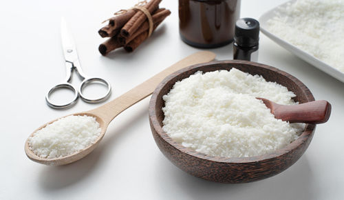 Close-up of soy wax on table