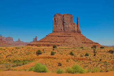 Low angle view of rock formation against clear blue sky