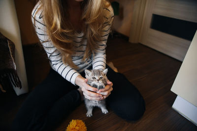 Woman holding a scottish kitten