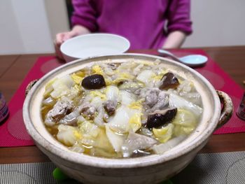 Close-up of noodles in bowl on table