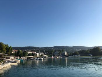 Scenic view of lake against clear blue sky