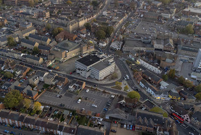 An aerial view of the hope church in the town of ipswich, suffolk, uk