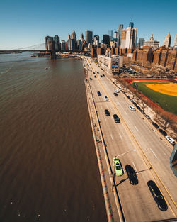 High angle view of bridge by east river at manhattan