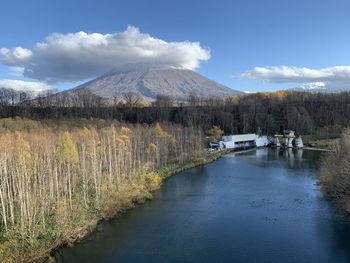 Scenic view of lake by mountains against sky